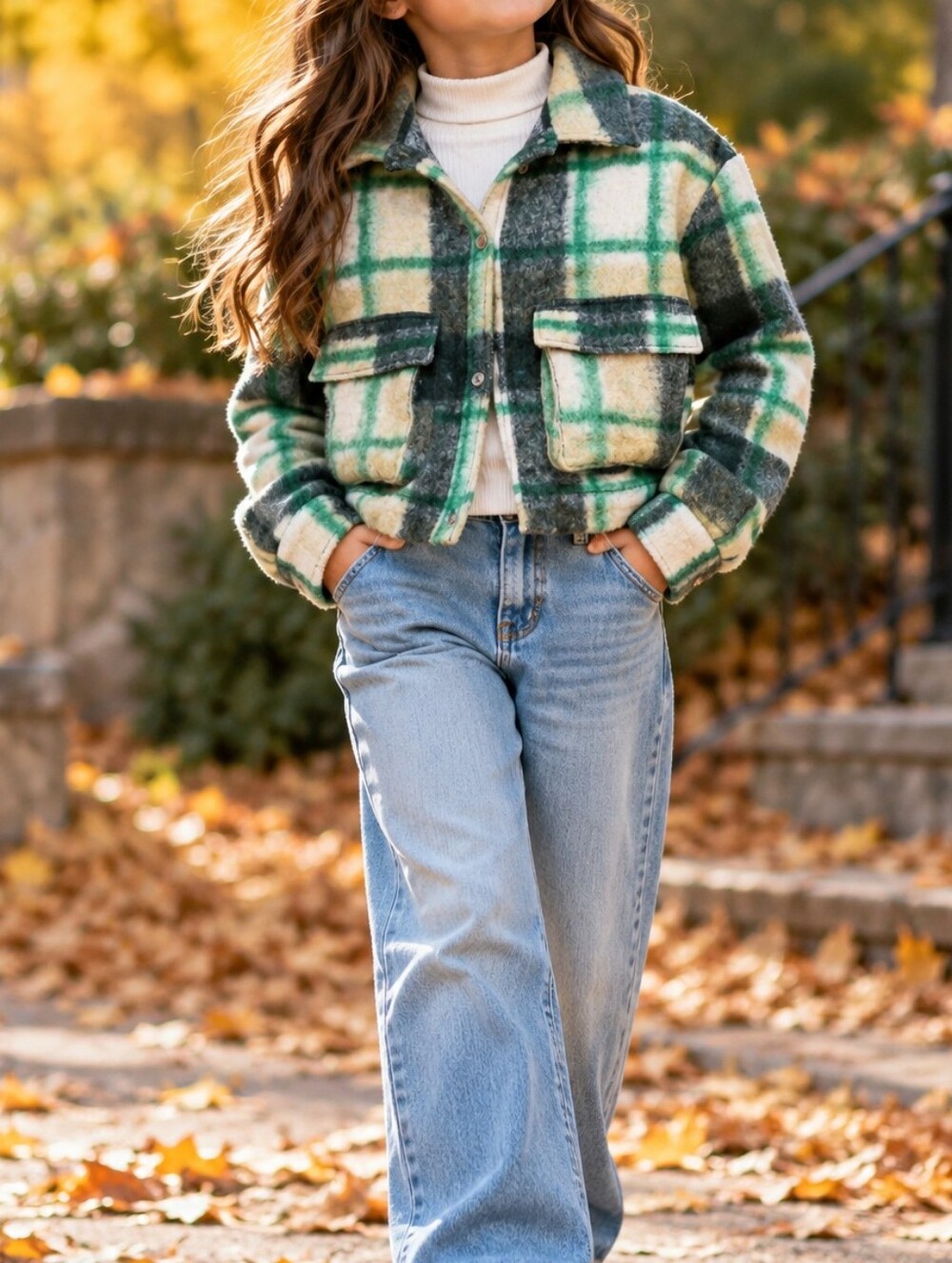 ZARA Kids Green Cream Plaid Cropped Wool Blend Fleece Shacket Jacket Casual